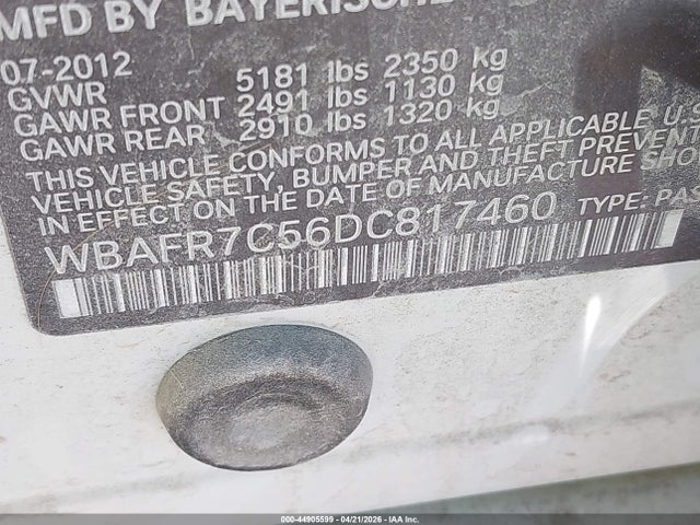 2013 Bmw 535i მანქანა იყიდება აუქციონზე, vin: WBAFR7C56DC817460, აუქციონის ნომერი: 44905599