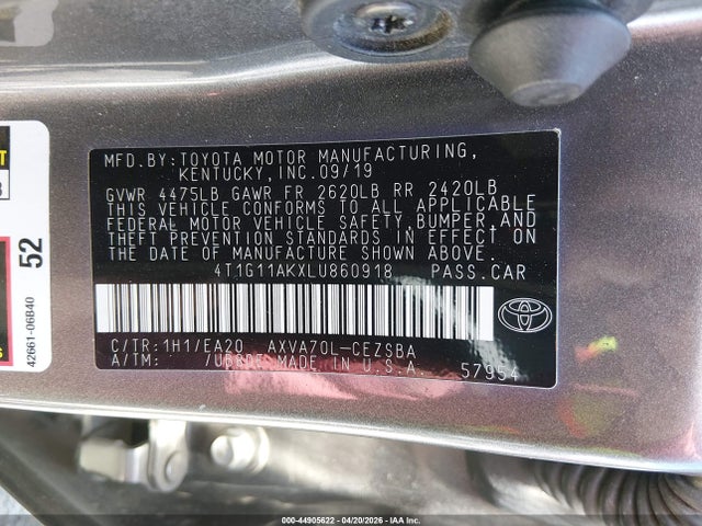 44905622 :رقم المزاد ، 4T1G11AKXLU860918 vin ، 2020 Toyota Camry Se مزاد بيع