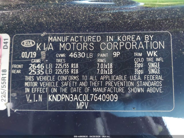 Aukcja sprzedaży 2020 Kia Sportage Ex, vin: KNDPN3AC0L7640909, numer aukcji: 44905630
