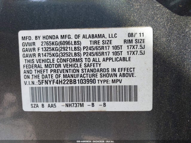 Продажа на аукционе авто 2011 Honda Pilot Lx, vin: 5FNYF4H22BB103990, номер лота: 44905634