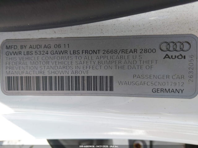 Aukcja sprzedaży 2012 Audi A7 Premium, vin: WAUSGAFC5CN017912, numer aukcji: 44905636