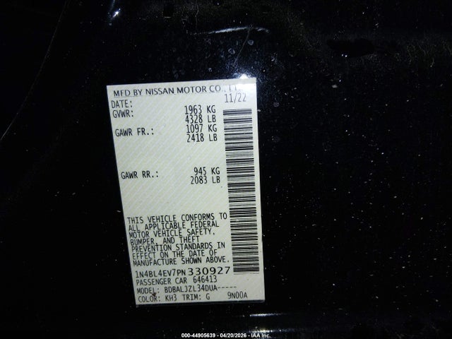 44905639 :رقم المزاد ، 1N4BL4EV7PN330927 vin ، 2023 Nissan Altima Sl Fwd مزاد بيع