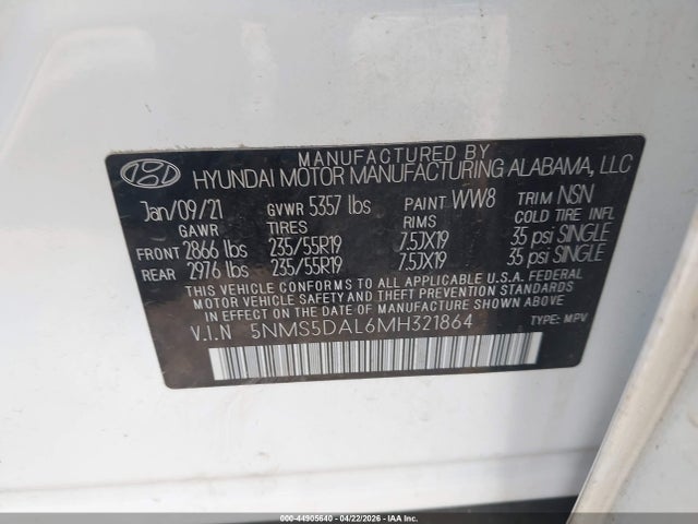 44905640 :رقم المزاد ، 5NMS5DAL6MH321864 vin ، 2021 Hyundai Santa Fe Calligraphy مزاد بيع