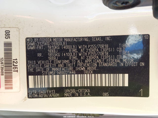 Продажа на аукционе авто 2011 Toyota Tundra Grade 4.6l V8, vin: 5TFUM5F14BX021446, номер лота: 44905645