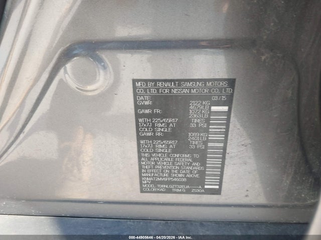 2015 Nissan Rogue Sv მანქანა იყიდება აუქციონზე, vin: KNMAT2MV6FP546038, აუქციონის ნომერი: 44905646