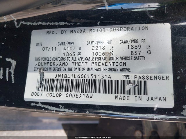 44905658 :رقم المزاد ، JM1BL1L66C1511314 vin ، 2012 Mazda Mazda3 S Touring مزاد بيع
