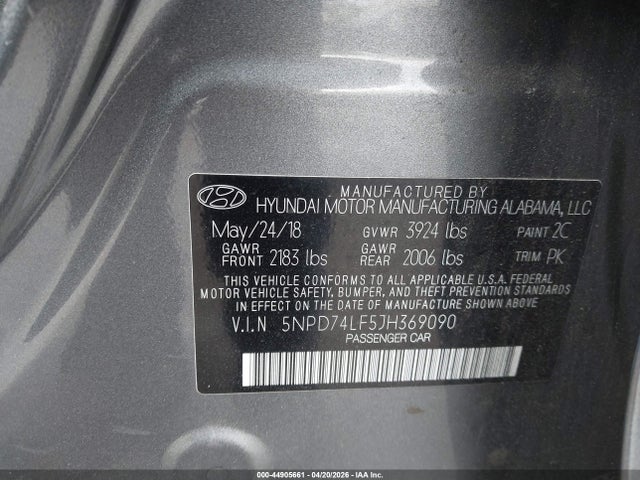 44905661 :رقم المزاد ، 5NPD74LF5JH369090 vin ، 2018 Hyundai Elantra Se مزاد بيع