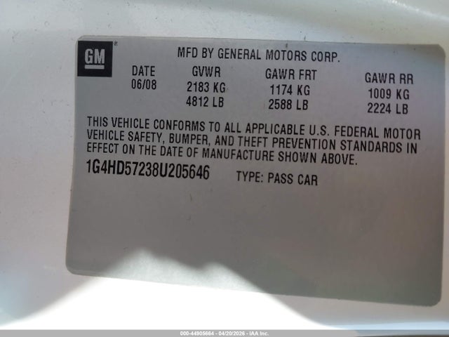 2008 Buick Lucerne Cxl მანქანა იყიდება აუქციონზე, vin: 1G4HD57238U205646, აუქციონის ნომერი: 44905664
