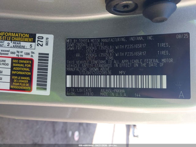 Aukcja sprzedaży 2025 Toyota Sienna Xle, vin: 5TDJSKFC5SS208516, numer aukcji: 44905684