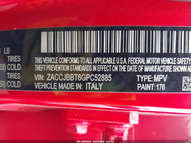 44905685 :رقم المزاد ، ZACCJBBT6GPC52885 vin ، 2016 Jeep Renegade Latitude مزاد بيع
