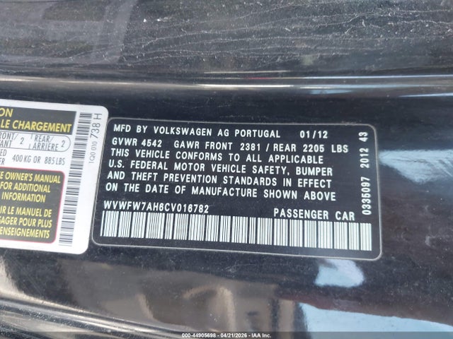 Продажа на аукционе авто 2012 Volkswagen Eos Executive, vin: WVWFW7AH6CV016782, номер лота: 44905698