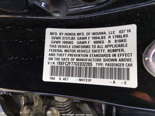 2016 Honda Civic Ex მანქანა იყიდება აუქციონზე, vin: 19XFC2F77GE032205, აუქციონის ნომერი: 44905699