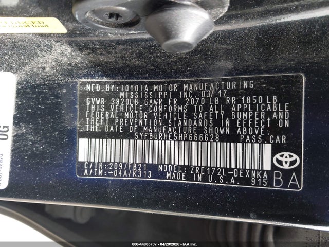 Aukcja sprzedaży 2017 Toyota Corolla Le, vin: 5YFBURHE5HP666628, numer aukcji: 44905707