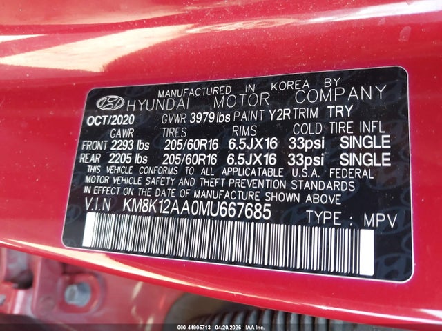 Aukcja sprzedaży 2021 Hyundai Kona Se, vin: KM8K12AA0MU667685, numer aukcji: 44905713