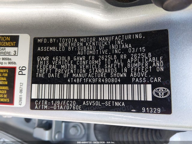 Продажа на аукционе авто 2015 Toyota Camry Le, vin: 4T4BF1FK9FR490804, номер лота: 44905733