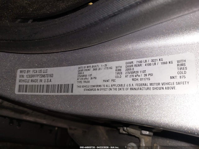 Aukcja sprzedaży 2025 Ram 1500 Big Horn  4x4 5'7 Box, vin: 1C6SRFFP7SN670163, numer aukcji: 44905735