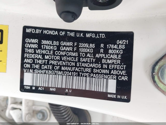 2021 Honda Civic Type R Touring მანქანა იყიდება აუქციონზე, vin: SHHFK8G75MU204191, აუქციონის ნომერი: 44905741