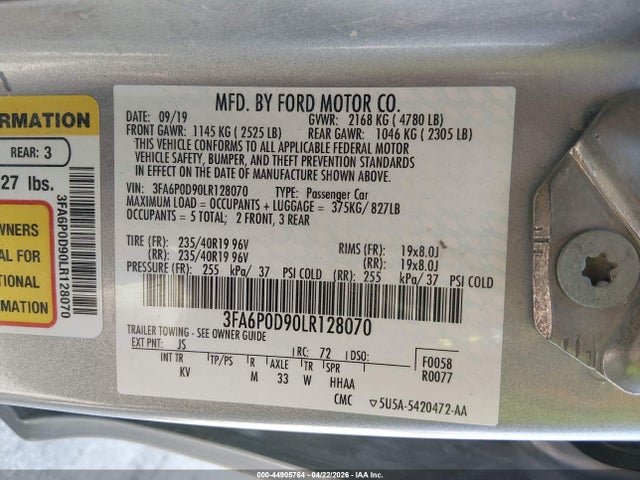 44905764 :رقم المزاد ، 3FA6P0D90LR128070 vin ، 2020 Ford Fusion Titanium مزاد بيع