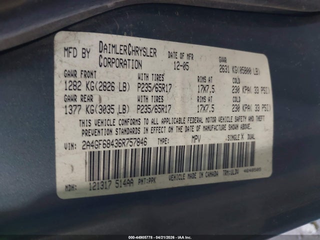 Продаж на аукціоні авто 2006 Chrysler Pacifica Touring, vin: 2A4GF68436R757846, номер лоту: 44905778