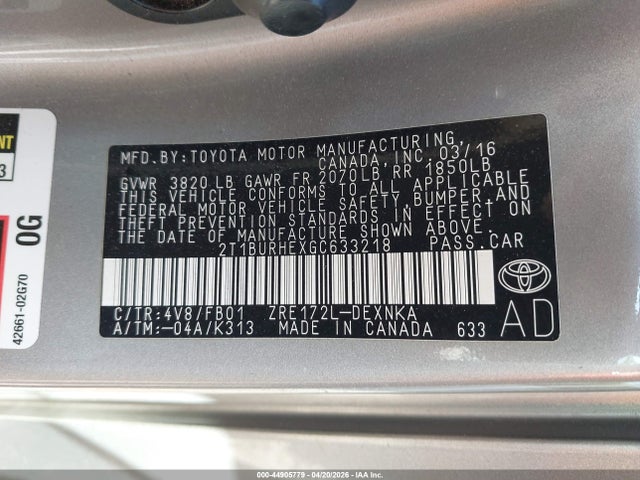 Продаж на аукціоні авто 2016 Toyota Corolla Le, vin: 2T1BURHEXGC633218, номер лоту: 44905779