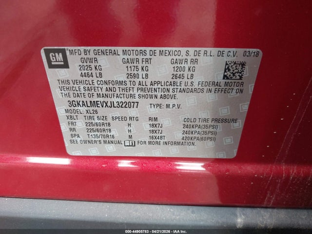 Aukcja sprzedaży 2018 Gmc Terrain Sle, vin: 3GKALMEVXJL322077, numer aukcji: 44905783