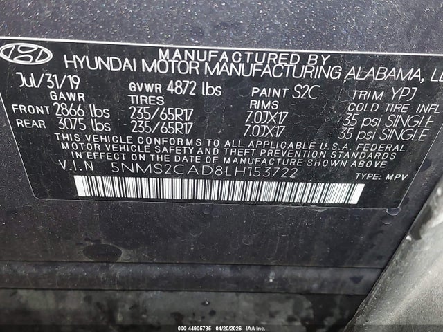 Auction sale of the 2020 Hyundai Santa Fe Se, vin: 5NMS2CAD8LH153722, lot number: 44905785