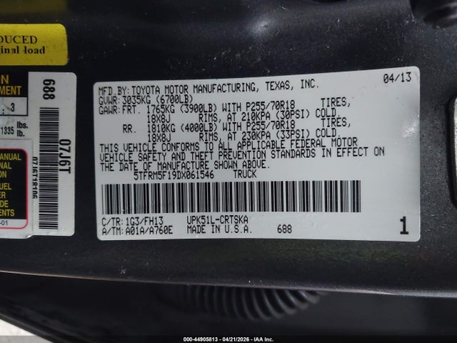 44905813 :رقم المزاد ، 5TFRM5F19DX061546 vin ، 2013 Toyota Tundra Grade 4.6l V8 مزاد بيع