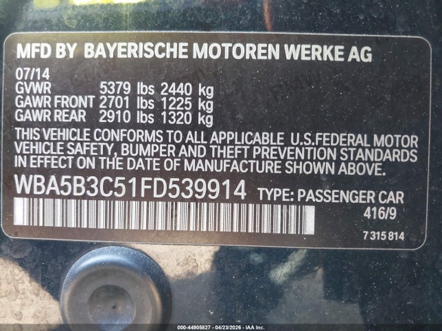 Aukcja sprzedaży 2015 Bmw 535i Xdrive, vin: WBA5B3C51FD539914, numer aukcji: 44905827