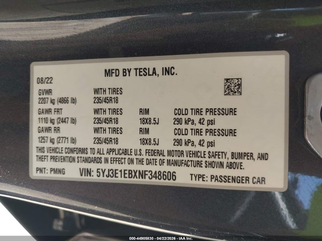 Aukcja sprzedaży 2022 Tesla Model 3 Long Range Dual Motor All-wheel Drive, vin: 5YJ3E1EBXNF348606, numer aukcji: 44905830