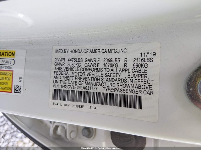 2020 Honda Accord Sport მანქანა იყიდება აუქციონზე, vin: 1HGCV1F36LA031727, აუქციონის ნომერი: 44905832