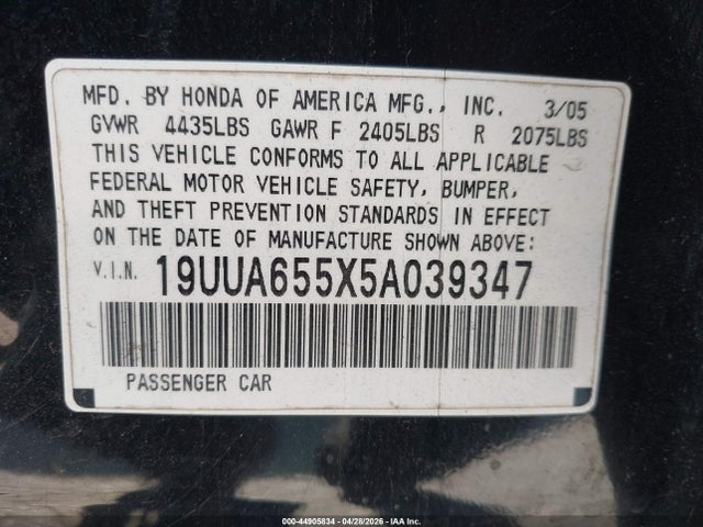 Aukcja sprzedaży 2005 Acura Tl, vin: 19UUA655X5A039347, numer aukcji: 44905834
