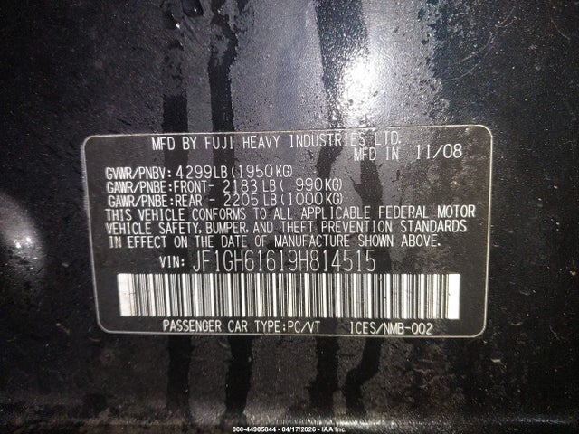 44905844 :رقم المزاد ، JF1GH61619H814515 vin ، 2009 Subaru Impreza 2.5i مزاد بيع