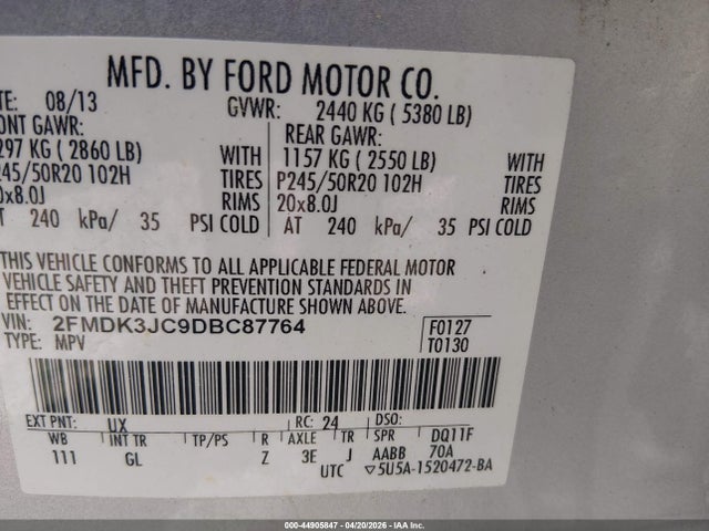 Продаж на аукціоні авто 2013 Ford Edge Sel, vin: 2FMDK3JC9DBC87764, номер лоту: 44905847