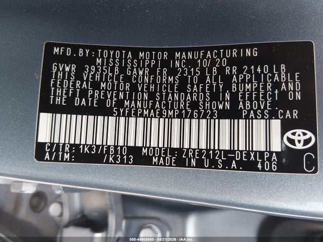 Aukcja sprzedaży 2021 Toyota Corolla Le, vin: 5YFEPMAE9MP176723, numer aukcji: 44905850