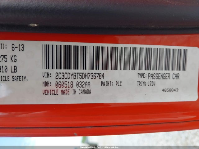 44905858 :رقم المزاد ، 2C3CDYBT5DH736784 vin ، 2013 Dodge Challenger R/t مزاد بيع