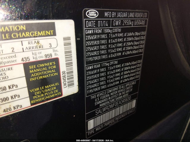 44905867 :رقم المزاد ، SALWR2WF0EA345630 vin ، 2014 Land Rover Range Rover Sport 3.0l V6 Supercharged Hse مزاد بيع