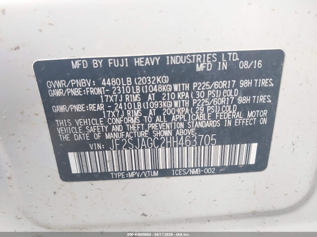 44905884 :رقم المزاد ، JF2SJAGC2HH463705 vin ، 2017 Subaru Forester 2.5i Premium مزاد بيع
