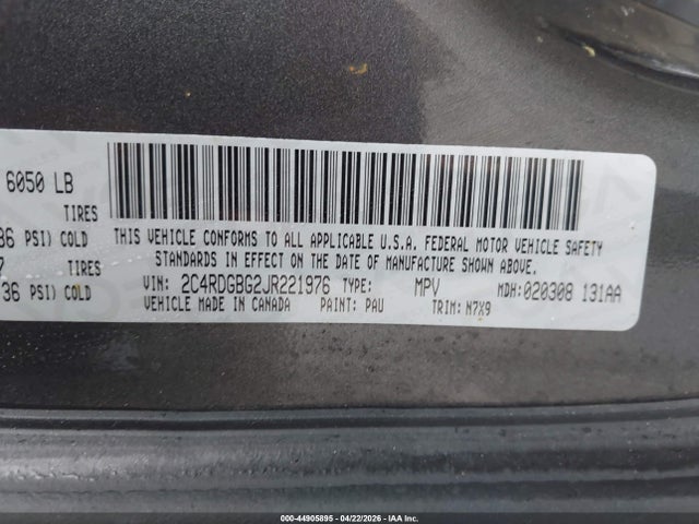 Aukcja sprzedaży 2018 Dodge Grand Caravan Se Plus, vin: 2C4RDGBG2JR221976, numer aukcji: 44905895