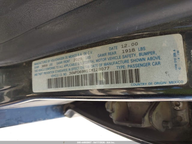 Aukcja sprzedaży 2001 Volkswagen Jetta Wolfsburg, vin: 3VWPD69M51M128077, numer aukcji: 44905907