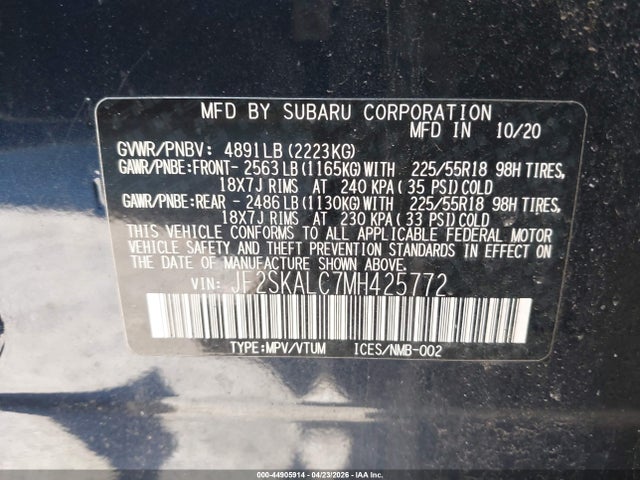 2021 Subaru Forester Sport მანქანა იყიდება აუქციონზე, vin: JF2SKALC7MH425772, აუქციონის ნომერი: 44905914