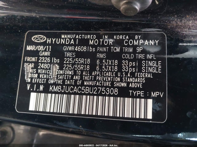 2011 HYUNDAI TUCSON KM8JUCAC5BU275308 Photo 8