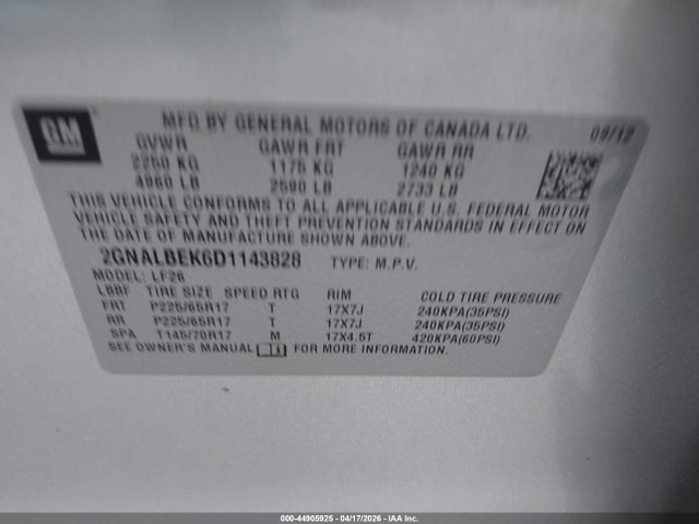 44905925 :رقم المزاد ، 2GNALBEK6D1143828 vin ، 2013 Chevrolet Equinox Ls مزاد بيع