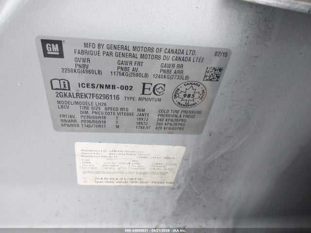 Aukcja sprzedaży 2015 Gmc Terrain Sle-2, vin: 2GKALREK7F6296116, numer aukcji: 44905931