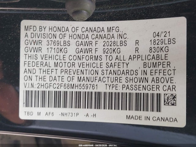 2021 Honda Civic Lx მანქანა იყიდება აუქციონზე, vin: 2HGFC2F68MH559761, აუქციონის ნომერი: 44905946