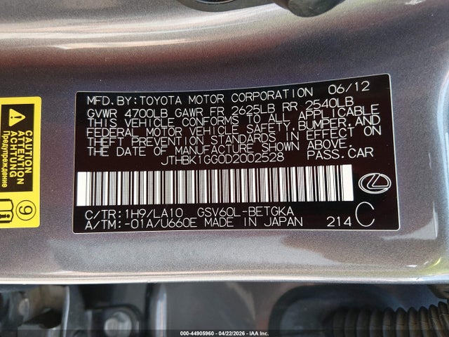Продажа на аукционе авто 2013 Lexus Es 350, vin: JTHBK1GG0D2002528, номер лота: 44905960