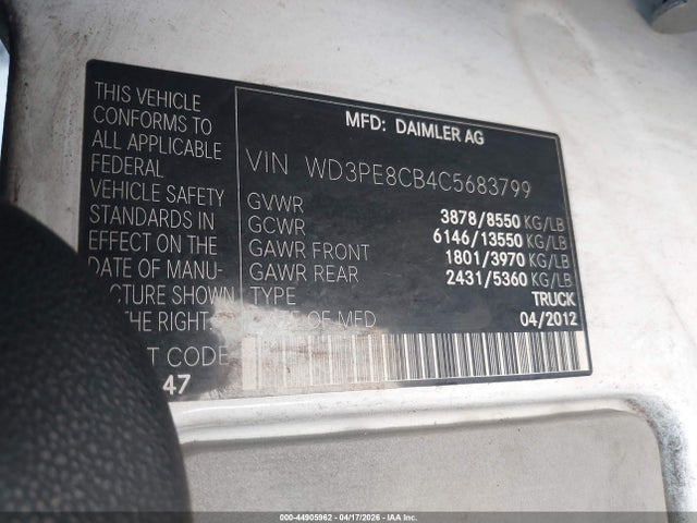 44905962 :رقم المزاد ، WD3PE8CB4C5683799 vin ، 2012 Mercedes-benz Sprinter 2500 High Roof مزاد بيع
