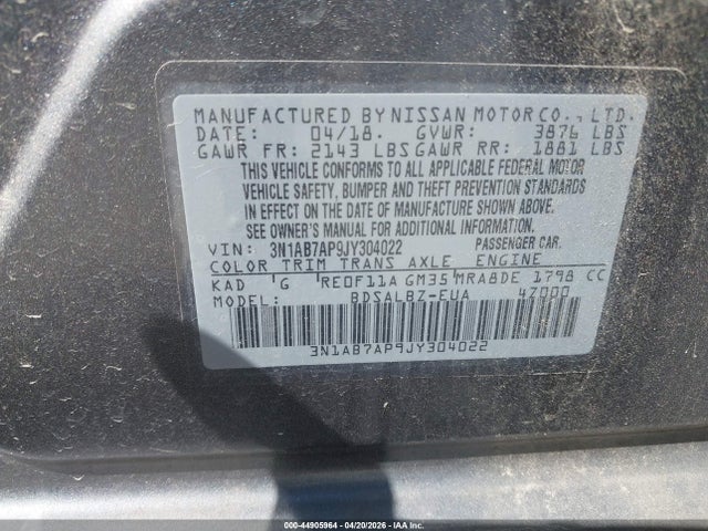 Aukcja sprzedaży 2018 Nissan Sentra S, vin: 3N1AB7AP9JY304022, numer aukcji: 44905964