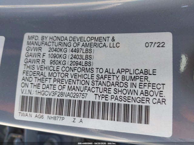 Продажа на аукционе авто 2022 Honda Accord Hybrid Sport, vin: 1HGCV3F28NA029757, номер лота: 44905965