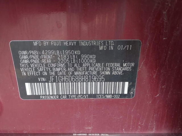 Aukcja sprzedaży 2011 Subaru Impreza Outback Sport, vin: JF1GH6D68BH819695, numer aukcji: 44905968