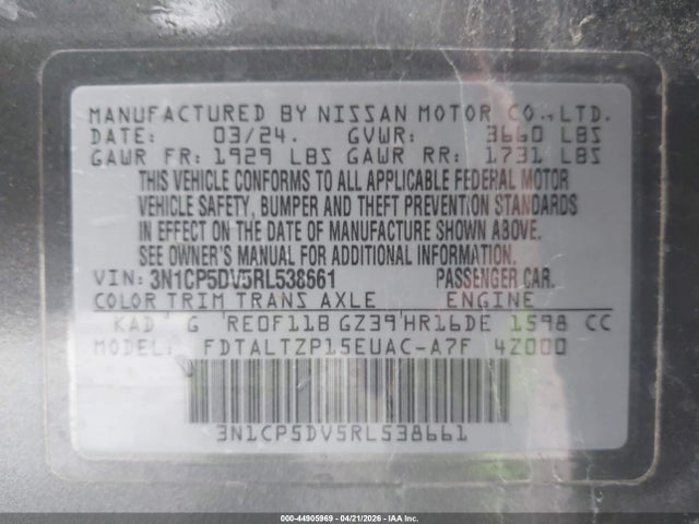 2024 Nissan Kicks Sr Xtronic Cvt მანქანა იყიდება აუქციონზე, vin: 3N1CP5DV5RL538661, აუქციონის ნომერი: 44905969